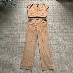 BCBGMAXAZRIA Faux Suede Outfit Set Camel Tan Y2K VTG Western Cowgirl Pants Top